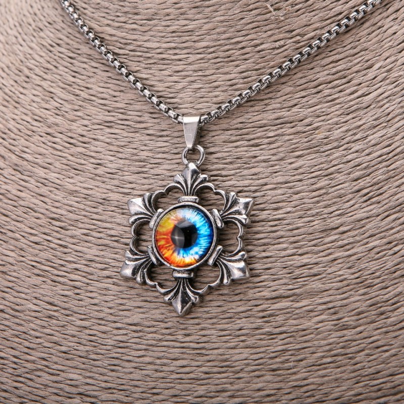 Colorful Dragon Eye Pendant 35×53 mm on a chain, 65 cm length, silver-tone metal