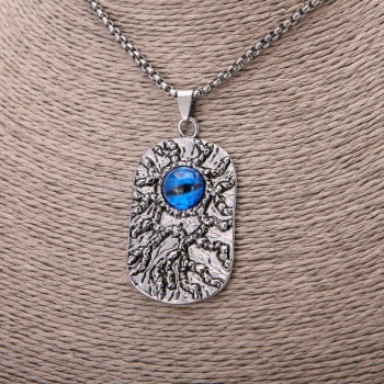 Dragon Eye Pendant, blue 30×58 mm on a chain, 65 cm length, silver-colored metal