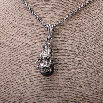 Pendant Dragon Head and Black Sphere, 22x51 mm, on a chain, length 65 cm, metal color Silver