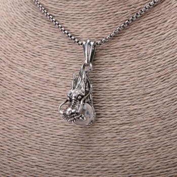 Pendant Dragon Head and White Ball 22x51mm on Chain, Chain Length 65cm, Silver Metal