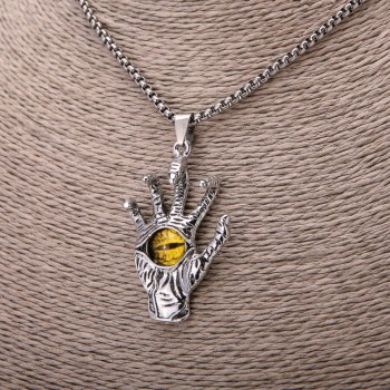 Pendant Skeleton Hand with Yellow Eye, 30x55 mm on chain, length 65 cm, silver metal color
