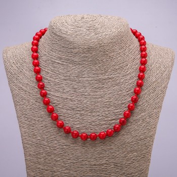 Natural Coral Necklace with Smooth Beads, 10 mm Diameter, 47 cm Length