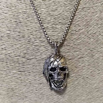 Skull Pendant 35x25 mm on Chain, Chain Length 65 cm, Silver Metal Color
