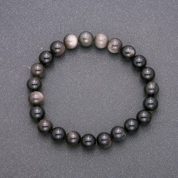 Natural Stone Bracelet with Silver Obsidian on Elastic Cord, Smooth Beads, 8 mm Diameter, 18 cm Length