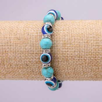 Turquoise amulet bracelet with blue eyes on an elastic band, diameter 10(±)mm, length 18 cm with inlays and rhinestones