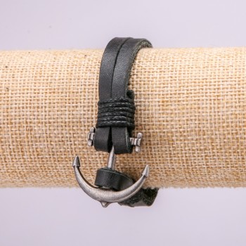Anchor Bracelet with Metal Inlays, 21 cm long, 10 mm thick, black eco-leather