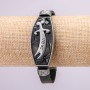 Bracelet with metal inlays, length 16–24 cm, thickness 20 mm, eco-leather, black color, on strap