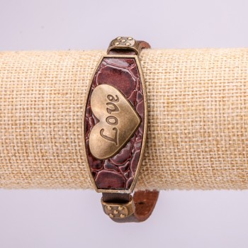 Bracelet LOVE with metal inserts, length 16-24 cm, thickness 20 mm, eco-leather, brown strap