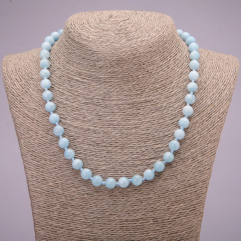 Aquamarine natural gemstone necklace with smooth beads, 8 mm diameter, 45 cm long