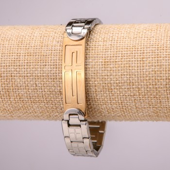 Metal bracelet made of stainless steel with clasp, 14 mm thick, 21 cm long, silver with gold-tone