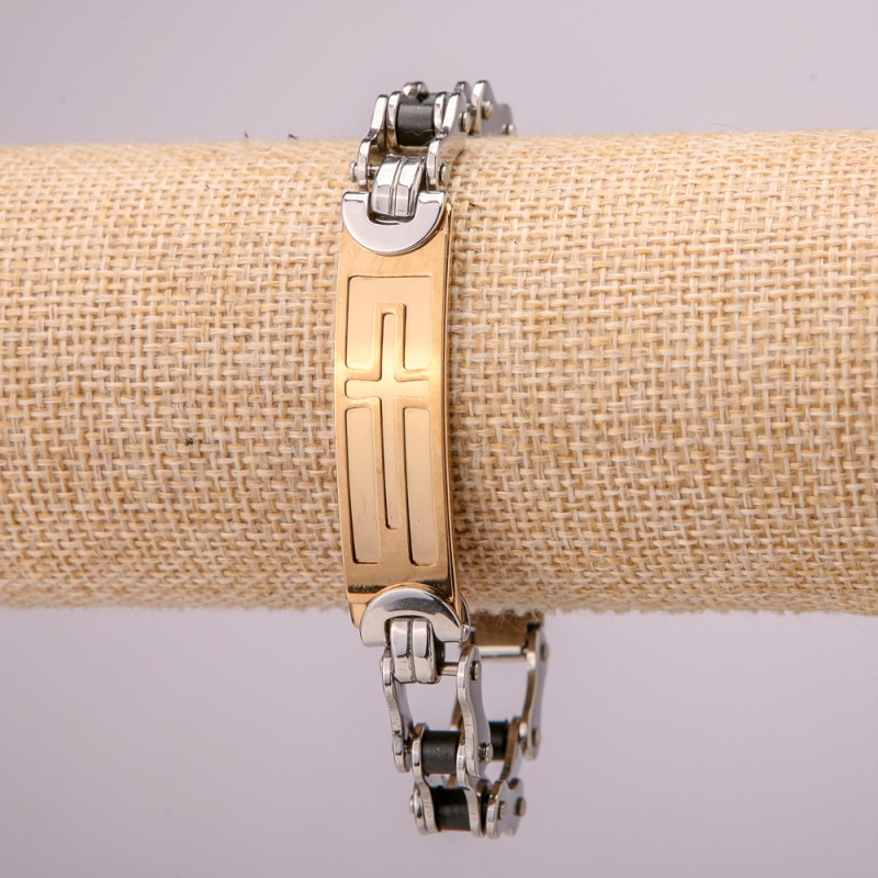 Stainless steel bracelet with clasp, 12 mm thick, 21 cm long, silver and gold-tone