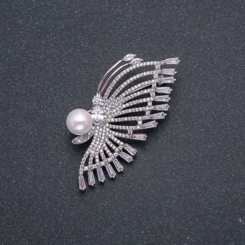 Xuping Rhodium with Pearl Brooch, diameter 8 mm, 50×25 mm, with white stones and crystals