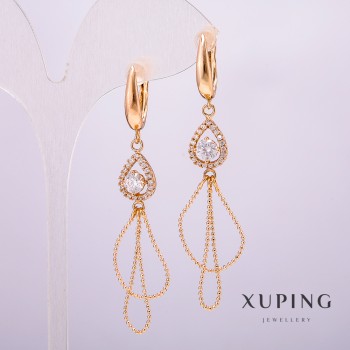 Xuping Earrings 18K Gold Plating Drop with White Stones and Crystals, 9x12mm, 64mm Length