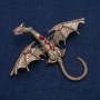 Dragon Brooch gold-tone metal with red and petrol crystals 90x78mm +