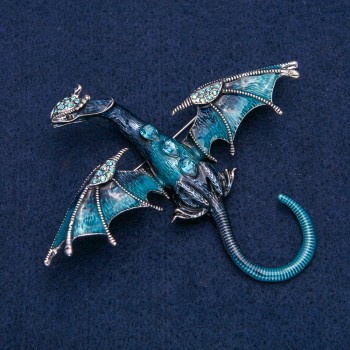 Dragon brooch-pendant, silver-toned metal with blue enamel and blue and petrol rhinestones 90x78 mm +