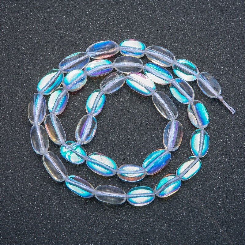Opal glass beads on thread, White Chameleon, faceted, 12x8 mm, 40 cm length +