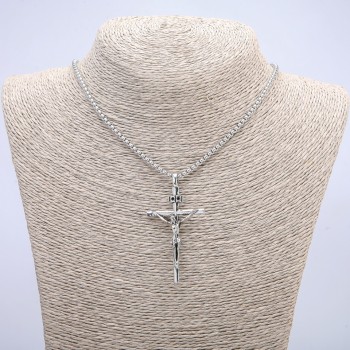 Pendant "Cross" 60x32 mm on a chain, length 70 cm, silver-colored metal