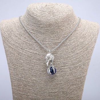 Pendant 'Bird with Ball' 47×18 mm on chain, length 70 cm, silver-toned metal