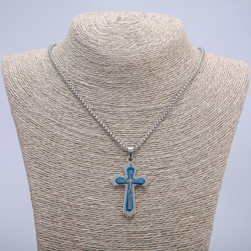 Cross Pendant 55x30 mm on a chain, length 70 cm, silver-colored metal