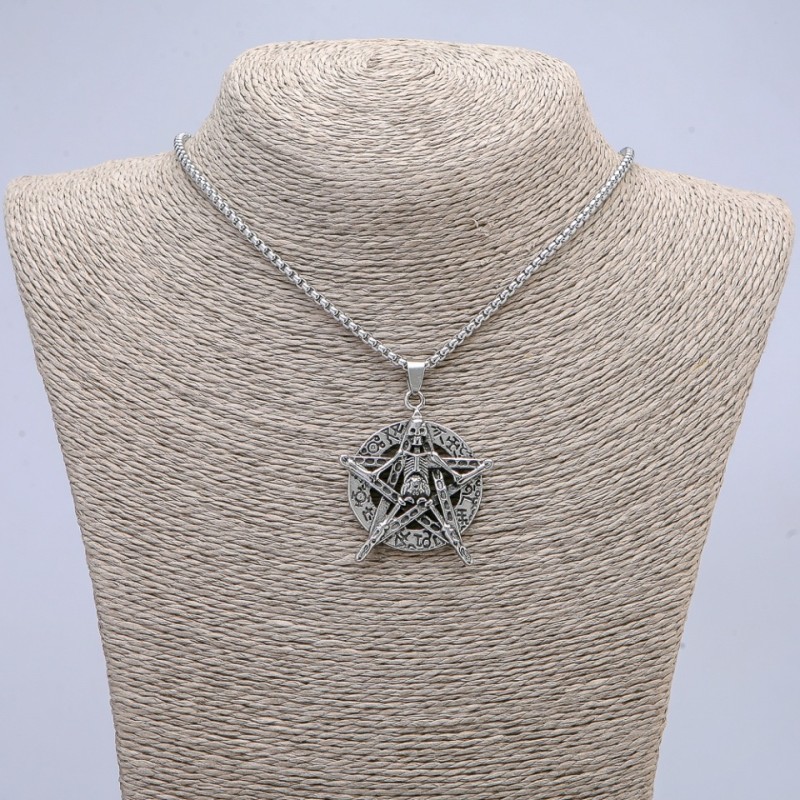Pendant "Pentagram with Skeleton" 47×33 mm on a chain, length 65 cm, metal color: silver