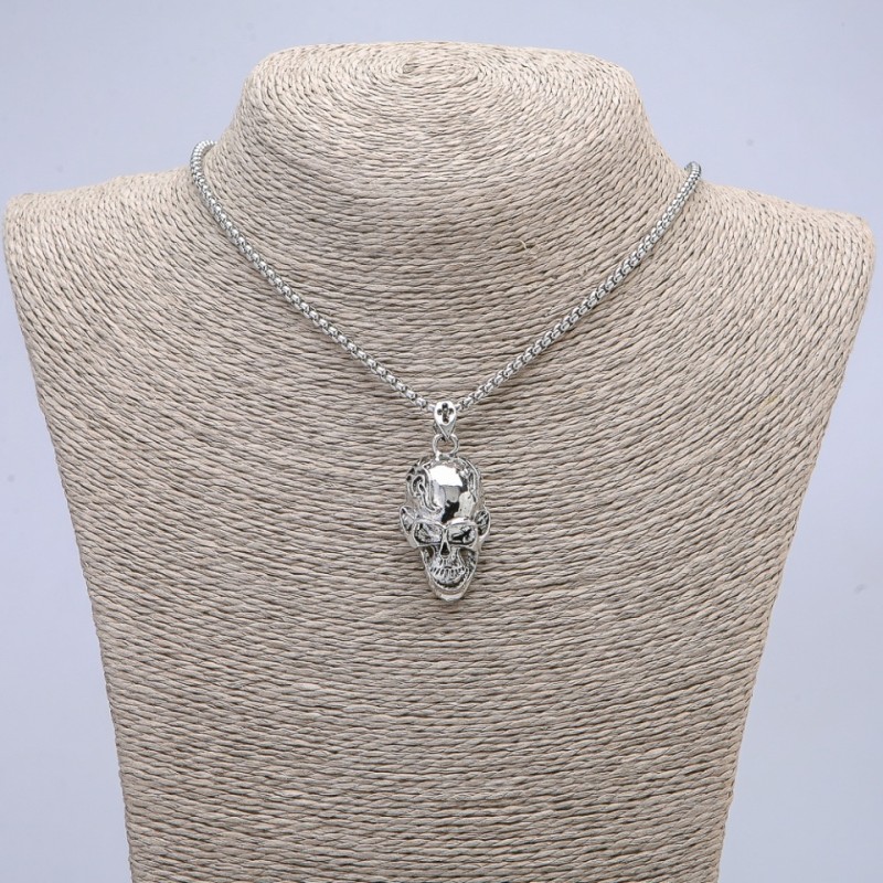 Skull pendant 37×15 mm on a chain, 65 cm length, silver-colored metal