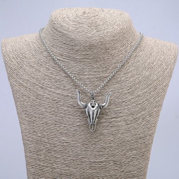 Goat Skull Pendant 47×38 mm on Chain, 70 cm Long, Silver-Colored Metal