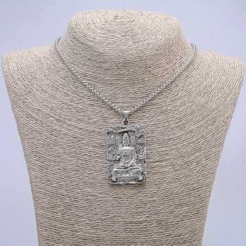 Pendant 'Buddha' 58×32 mm on a chain, 70 cm long, silver metal