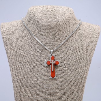Pendant Cross 55×30 mm on chain, chain length 65 cm, silvery metal, wood