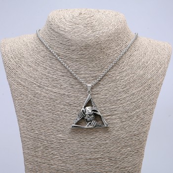 Pendant "Skull in a Triangle" 50×45 mm on a chain, length 70 cm silver-toned metal