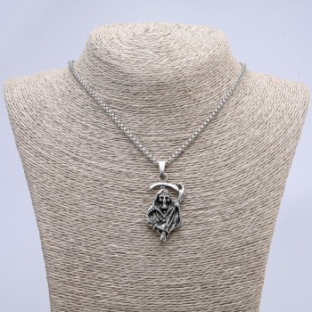 Pendant 'Death with a Scythe' 50×28 mm on a chain, length 70 cm +/- silver metal