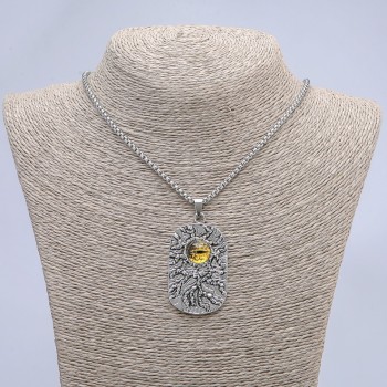 Dragon Eye Pendant, Yellow 30×58 mm on Chain, 65 cm Length, Silver Metal