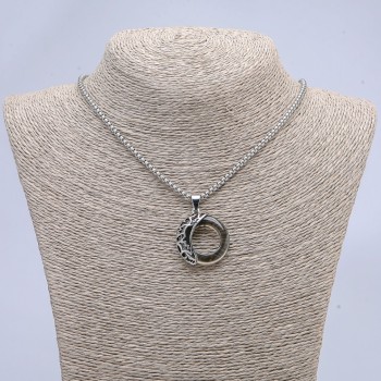 Pendant 'Moon' dark gray 35x28mm on chain, length 70 cm +/- silvery metal
