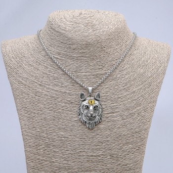 Wolf Talisman Pendant with Yellow Eye, 29×47 mm on a chain, length 65 cm, silver