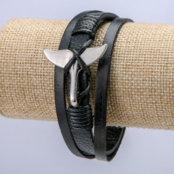 Men's Tail Bracelet in Black Eco-Leather, 9 mm Thick with Silver Inserts, 22 cm long