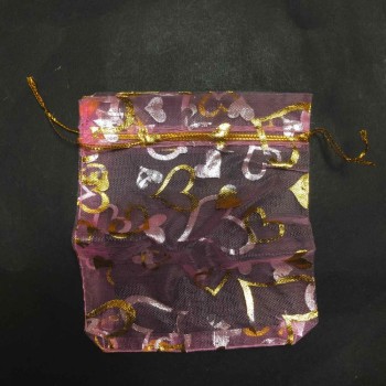 Gift Organza Bag Pink with Golden Hearts and Drawstrings 120×100 mm + - 100 pcs +