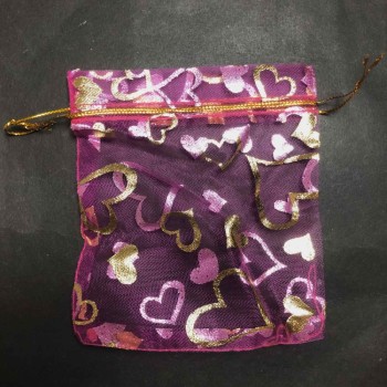 Raspberry Organza Gift Bag with Gold Hearts and Cords 120x100mm + - 100 pcs +