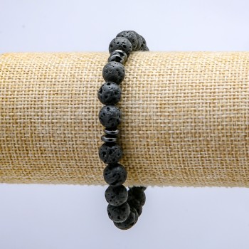 Elastic Lava Stone Bracelet, 8 mm diameter ±, with dark inlays