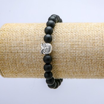 Elastic Shungite Bracelet (Synthetic), 8 mm Beads, Owl, 18 cm Long