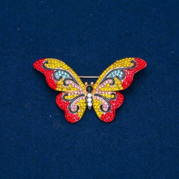 Butterfly Brooch with Multicolored Rhinestones, Gold-Tone Metal 35x58mm +