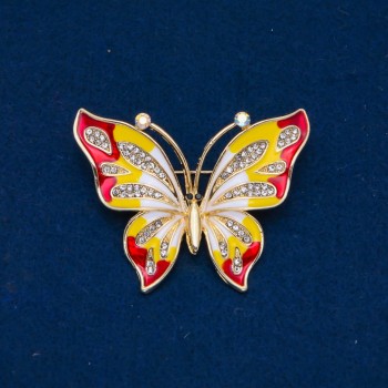 Brooch Butterfly enamel, white crystals, gold-tone metal 54x43mm +