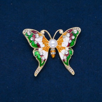 Butterfly Brooch with White Crystals, Enamel, Bead, Gold-Tone Metal 52x44mm +