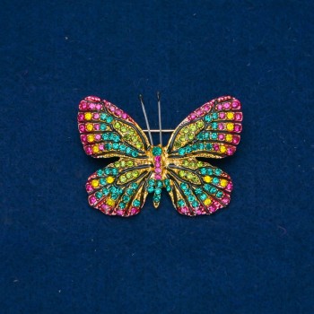 Butterfly Brooch with yellow, green, raspberry crystals, golden metal 35×48 mm +