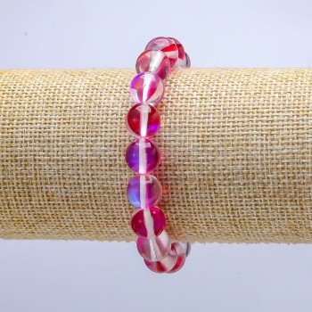 Opal glass bracelet Raspberry Chameleon on elastic, smooth bead, 10 mm diameter, 18 cm length
