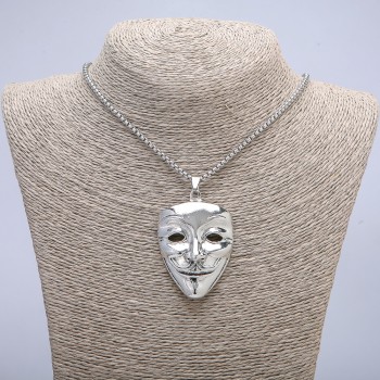 Pendant "Mime Mask" 48x38 mm on a chain, length 65 cm, silver-toned metal