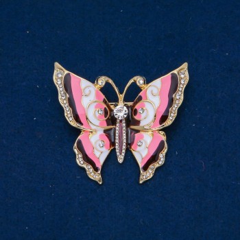 Butterfly Brooch, gold-tone metal, enamel, white crystals, 46x52 mm +