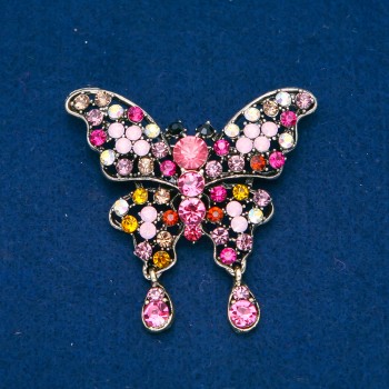 Brooch 'Butterfly', golden metal, with multicolored rhinestones, 48x60mm