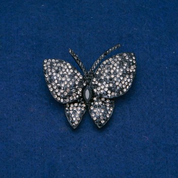 Butterfly Brooch in silver-toned metal, black and white crystals 44x48 mm +