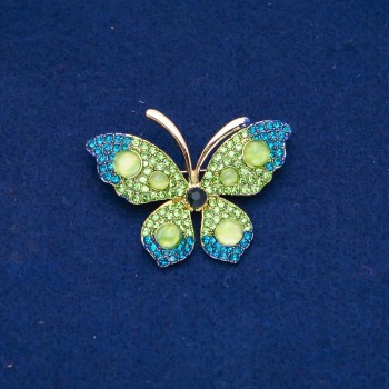 Butterfly Brooch in gold-toned metal, green and blue rhinestones, beads 34x50 mm +