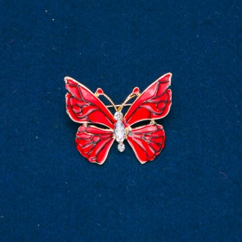 Butterfly Brooch in Golden Metal, Red Enamel and White Crystals 32x37 mm +