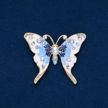Butterfly Brooch in Gold-Tone Metal, Enamel, and White and Petrol Crystals, 52x42 mm +